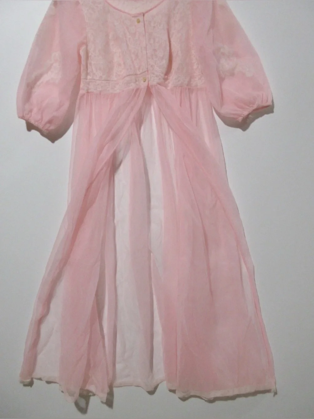 Vintage Miss Elaine Pink Peignoir Dressing Gown Sheer Lace Puff Sleeves Small
